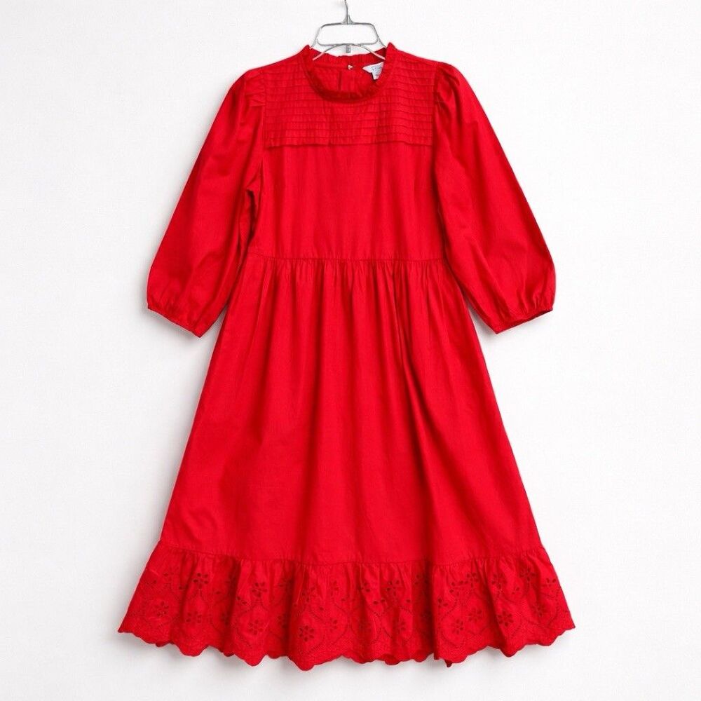 New Crown & Ivy Red Cotton Midi Dress 10 Pintuck Eyelet Ruffle Neck Boho Cottage